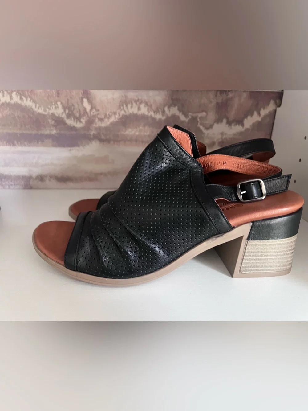 Spring Step Black Perforated Slingback Block Heel Sandal 9